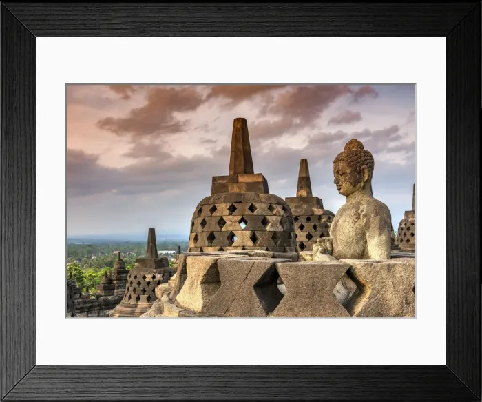Framed Print : Buddha statue at sunset, Candi Borobudur buddhist temple, Muntilan, Java, Indonesia Framed Print : Buddha statue at sunset, Candi Borobudur buddhist temple, Muntilan, Java, Indonesia