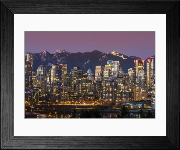 Framed Print : Downtown skyline with snowy mountains behind at dusk, Vancouver, British Columbia, Canada Framed Print : Downtown skyline with snowy mountains behind at dusk, Vancouver, British Columbia, Canada