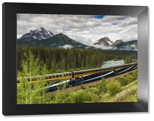 Rocky Mountaineer passenger train at Morants Curve, Banff National Park, Alberta