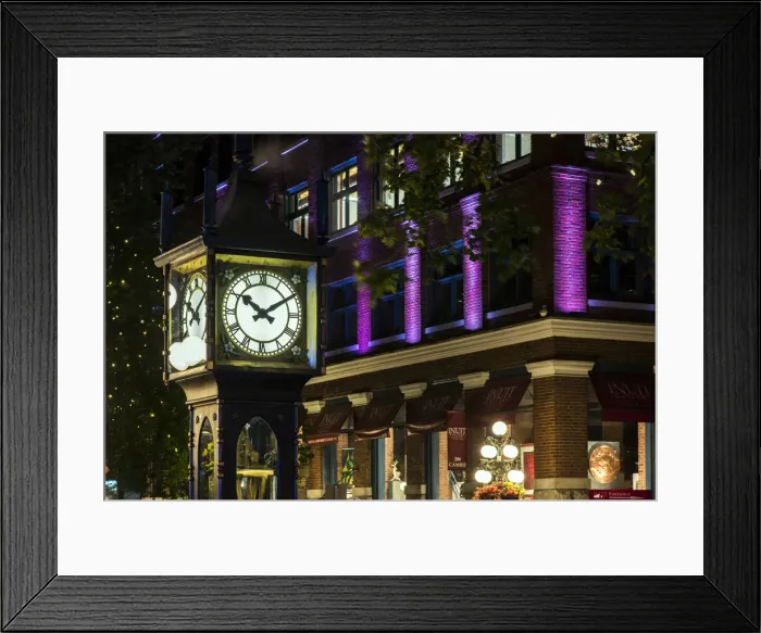 Framed Print : Night view of Gastown steam clock, Vancouver, British Columbia, Canada Framed Print : Night view of Gastown steam clock, Vancouver, British Columbia, Canada