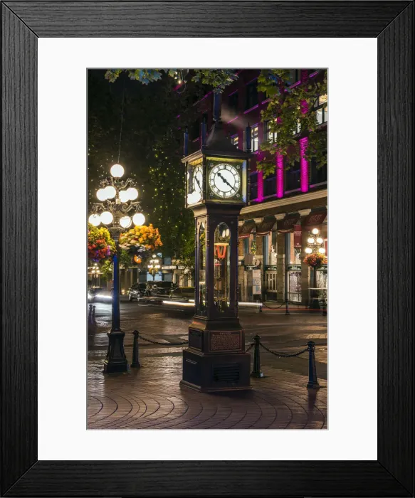 Framed Print : Night view of Gastown steam clock, Vancouver, British Columbia, Canada