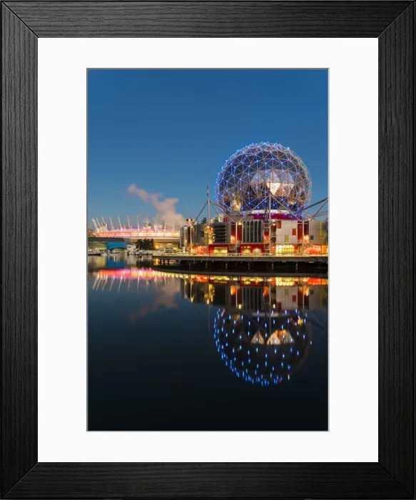 Framed Print : Sunrise view of False Creek inlet with Telus World of Science and BC Place Stadium behind Framed Print : Sunrise view of False Creek inlet with Telus World of Science and BC Place Stadium behind