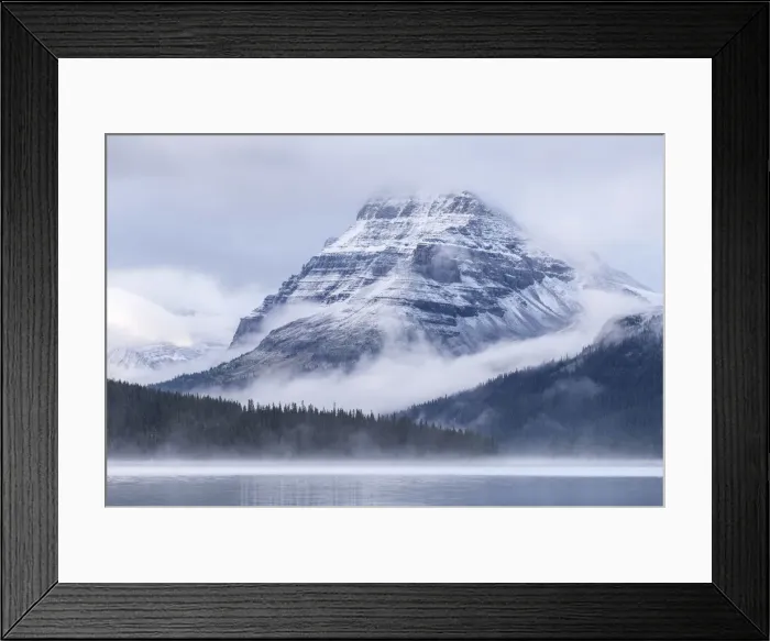 Framed Print : Snow dusted Bow Peak mountain surrounded by mist, viewed from across Bow Lake, Icefields Framed Print : Snow dusted Bow Peak mountain surrounded by mist, viewed from across Bow Lake, Icefields