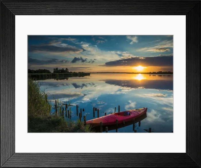Framed Print : Red Kayak on Hersey Mere at Sunset, Norfolk Broads National Park, Norfolk, England Framed Print : Red Kayak on Hersey Mere at Sunset, Norfolk Broads National Park, Norfolk, England