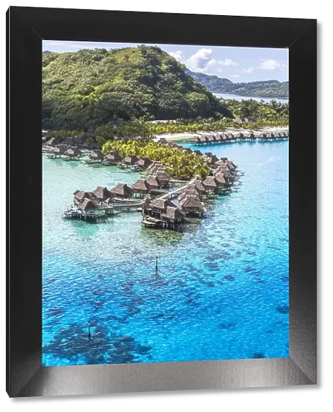 Aerial of overwater bungalows of Holton resort, Bora Bora, French Polynesia