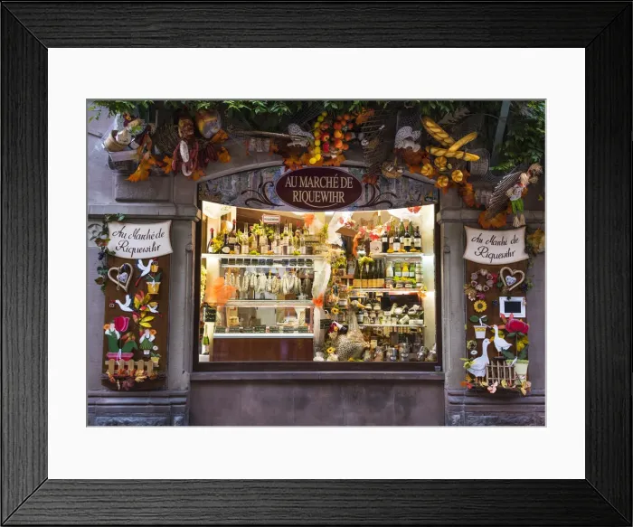 Framed Print : Shop selling local produce in the medieval town of Riquewihr, Alsatian Wine Route, France Framed Print : Shop selling local produce in the medieval town of Riquewihr, Alsatian Wine Route, France