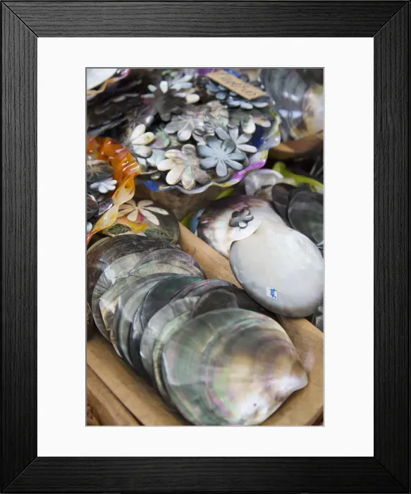 Framed Print : Oyster shells at Marche de Pape ete (Pape ete Market), Pape ete, Tahiti