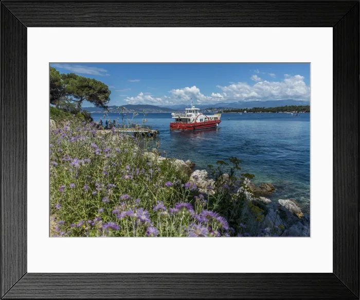 Framed Print : Europe, France, Cote D Azur. The ferry boat departing from Ile Saint-Honorat back Framed Print : Europe, France, Cote D Azur. The ferry boat departing from Ile Saint-Honorat back