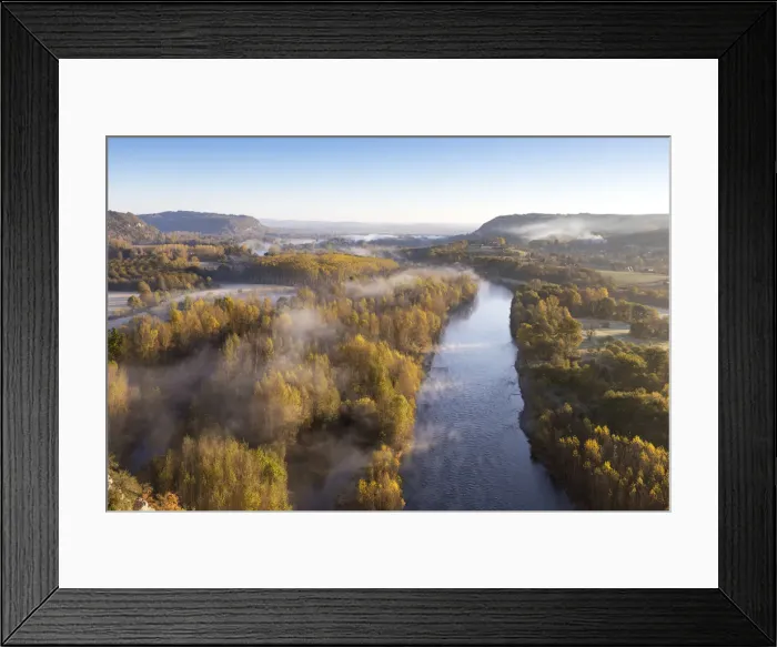 Framed Print : Aerial view of the Dordogne Valley & Dordogne river on a misty morning in autumn, Lot Framed Print : Aerial view of the Dordogne Valley & Dordogne river on a misty morning in autumn, Lot