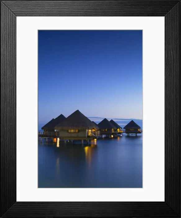 Framed Print : Overwater bungalows at Le Meridien Tahiti Hotel at dusk, Pape ete, Tahiti Framed Print : Overwater bungalows at Le Meridien Tahiti Hotel at dusk, Pape ete, Tahiti