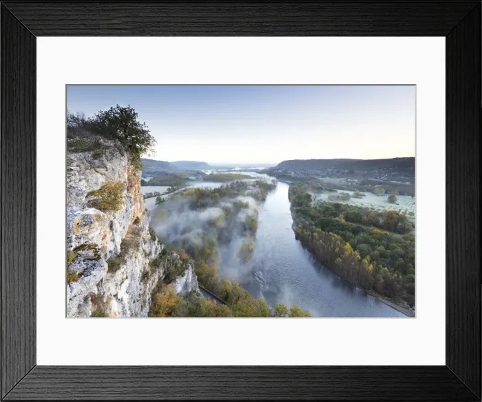 Framed Print : Aerial view of the Dordogne Valley & Dordogne river on a misty morning in autumn, Lot Framed Print : Aerial view of the Dordogne Valley & Dordogne river on a misty morning in autumn, Lot