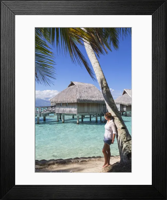 Framed Print : Woman looking at overwater bungalows of Sofitel Hotel, Moorea, Society Islands, French Framed Print : Woman looking at overwater bungalows of Sofitel Hotel, Moorea, Society Islands, French