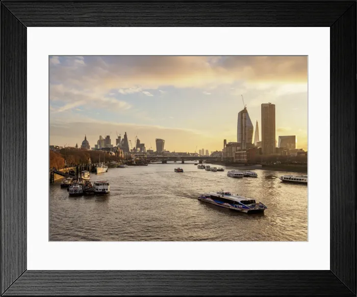 Framed Print : View over River Thames towards Southwark and City of London at sunrise, London, England Framed Print : View over River Thames towards Southwark and City of London at sunrise, London, England