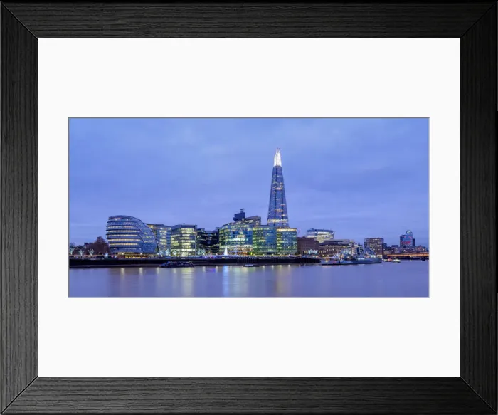 Framed Print : Modern Architecture by the Queens Walk and The Shard at twilight, London, England Framed Print : Modern Architecture by the Queens Walk and The Shard at twilight, London, England