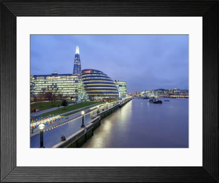 Framed Print : Modern Architecture by the Queens Walk and The Shard at twilight, London, England Framed Print : Modern Architecture by the Queens Walk and The Shard at twilight, London, England