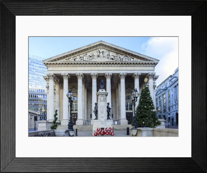 Framed Print : Facade of the Royal Exchange at Christmas time with a Christmas tree, City of London