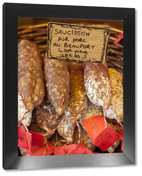 Sausages for sale at the market in St Remy France