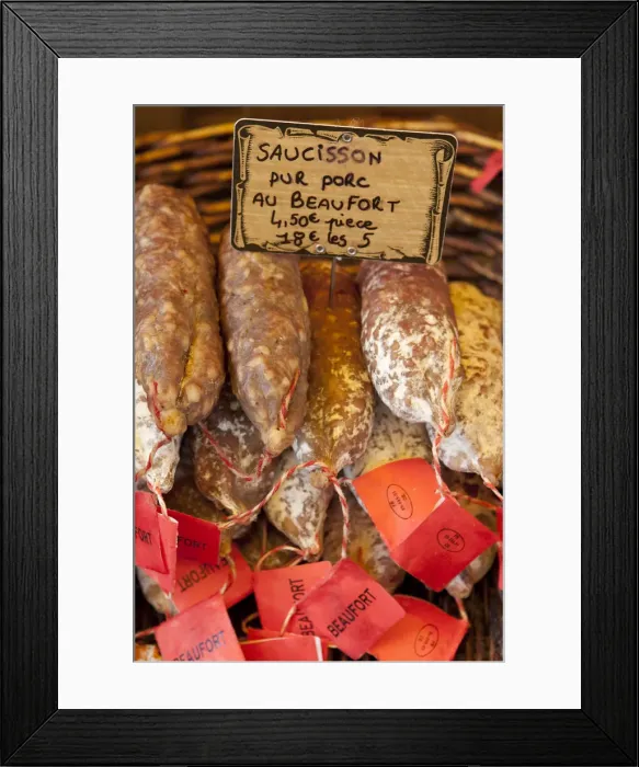 Framed Print : Sausages for sale at the market in St Remy France