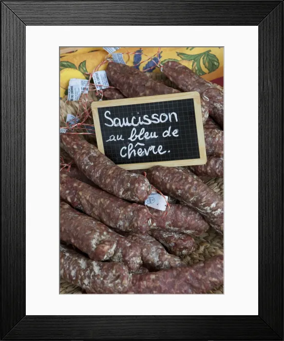 Framed Print : Sausage for sale in a market in rural Provence France