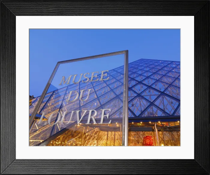 Framed Print : France, Paris, The Louvre, sign and pyramid illuminated at night