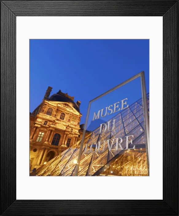 Framed Print : France, Paris, The Louvre, museum, pyramid and sign illuminated at night