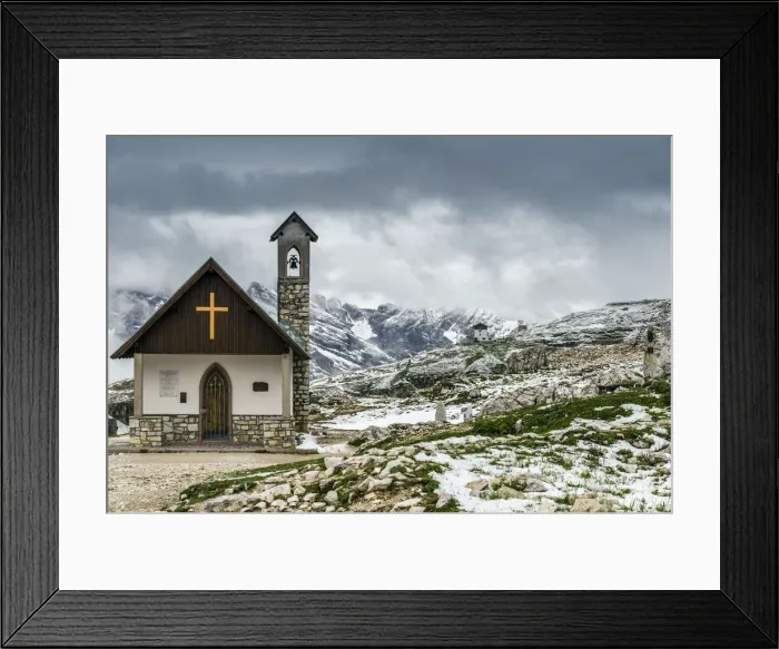 Framed Print : Small mountain church in the Dolomites after a summer snowfall, Cadore, Veneto, Italy Framed Print : Small mountain church in the Dolomites after a summer snowfall, Cadore, Veneto, Italy