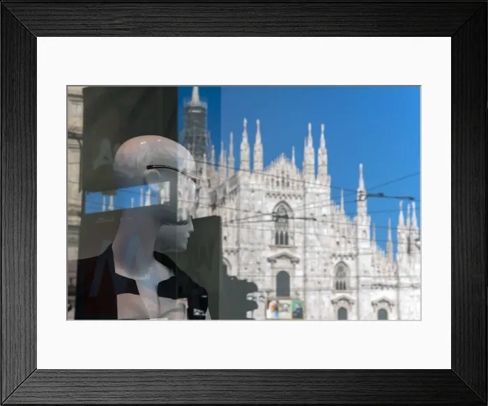 Framed Print : Fashion dummies seem watching Duomo cathedral reflected in the shop window, Milan, Italy Framed Print : Fashion dummies seem watching Duomo cathedral reflected in the shop window, Milan, Italy