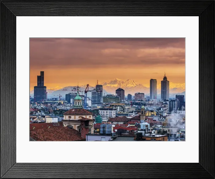 Framed Print : City skyline at sunset with the snowy Alps in the background, Milan, Lombardy, Italy Framed Print : City skyline at sunset with the snowy Alps in the background, Milan, Lombardy, Italy