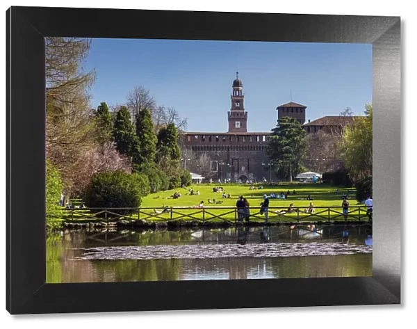 Sempione park with Castello Sforzesco medieval castle in the background, Milan, Lombardy