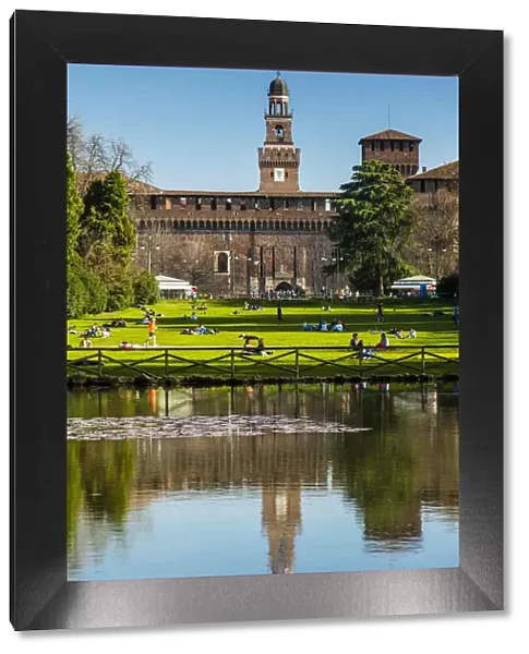Sempione park with Castello Sforzesco medieval castle in the background, Milan, Lombardy