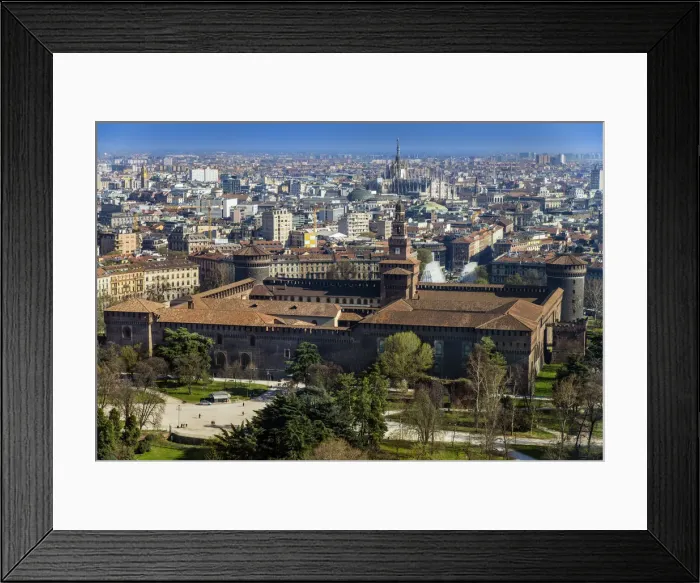 Framed Print : City skyline with Castello Sforzesco castle and Duomo cathedral, Milan, Lombardy, Italy