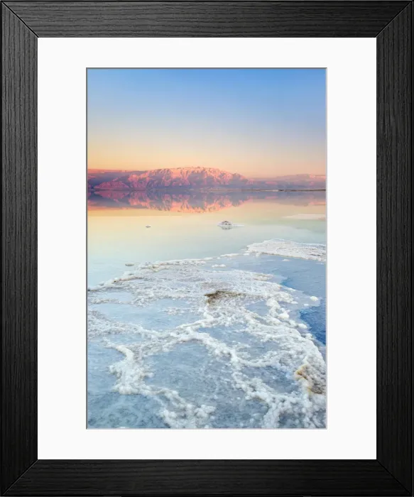 Framed Print : Israel, South District, Ein Bokek. Salt formations on the Dead Sea at sunset