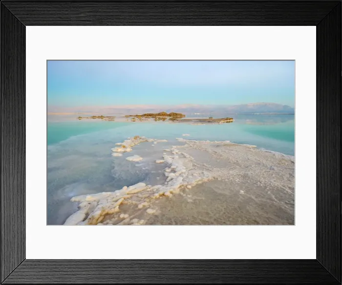 Framed Print : Israel, South District, Ein Bokek. Salt formations on the Dead Sea at sunset