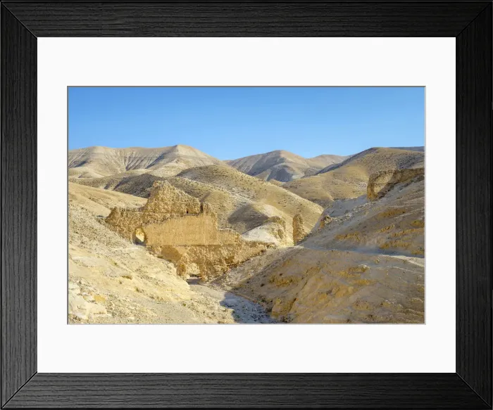 Framed Print : Palestine, West Bank, Jericho. Ruins of ancient aqueduct in Wadi Quelt, Prat River gorge