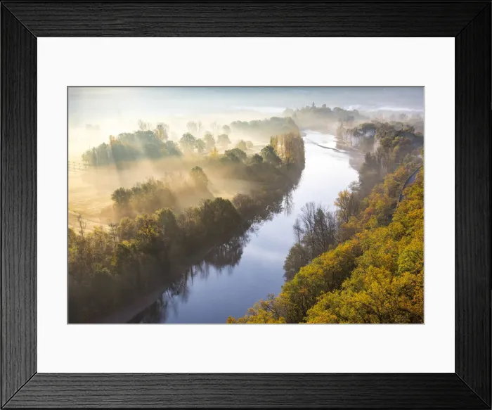 Framed Print : Aerial view of the Dordogne Valley & Dordogne river on a misty morning in autumn, Lot Framed Print : Aerial view of the Dordogne Valley & Dordogne river on a misty morning in autumn, Lot