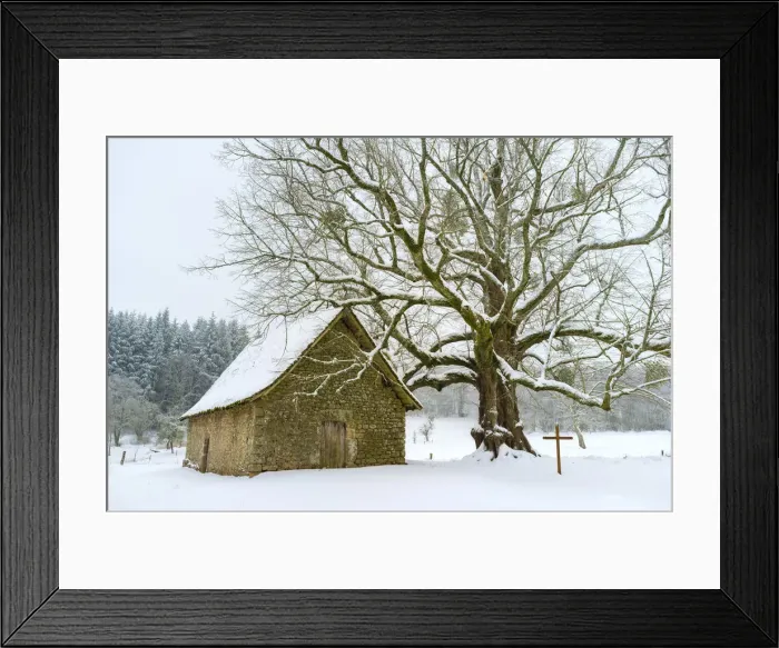 Framed Print : Small chapel at Mas Saint-Jean on a snowy winter day, Saint-Sulpice-le-Dunois, La Creuse