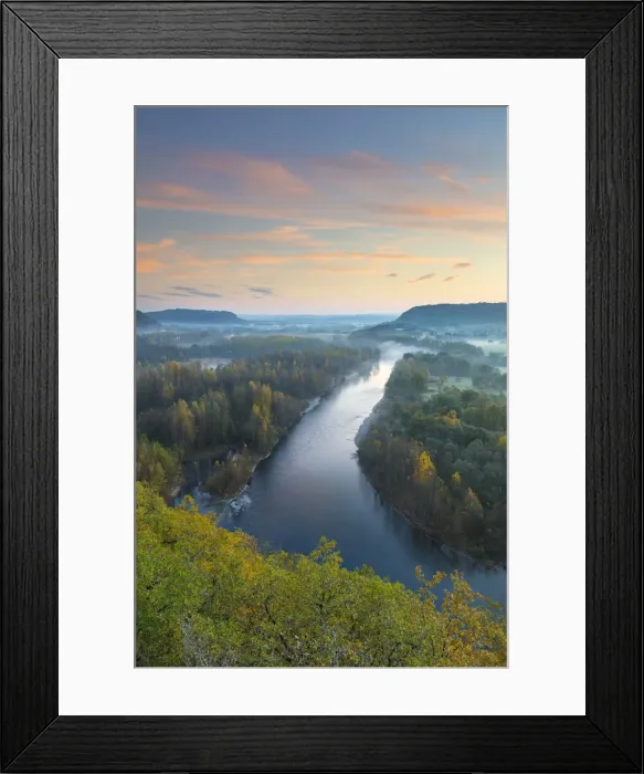 Framed Print : Aerial view of the Dordogne Valley & Dordogne river on a misty morning in autumn, Lot Framed Print : Aerial view of the Dordogne Valley & Dordogne river on a misty morning in autumn, Lot