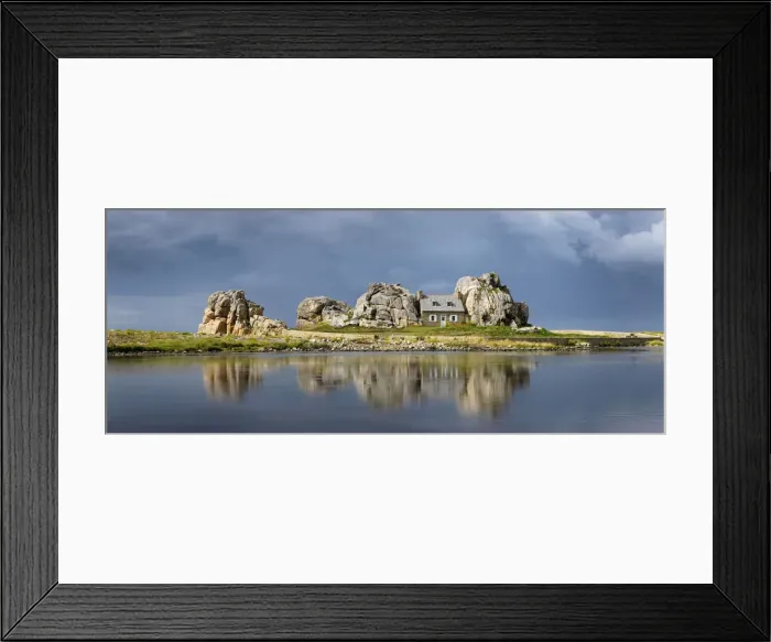 Framed Print : France, Brittany, Cote d armor, Plougrescant, Le Gouffre house reflected in lake Framed Print : France, Brittany, Cote d armor, Plougrescant, Le Gouffre house reflected in lake