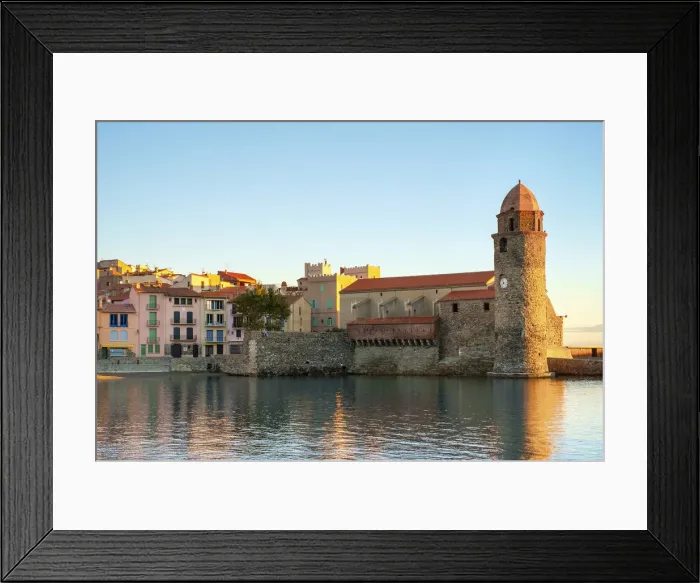Framed Print : Clocktower of Notre-Dame-des-Anges church at sunrise, Collioure, Pyra na es-Orientales Framed Print : Clocktower of Notre-Dame-des-Anges church at sunrise, Collioure, Pyra na es-Orientales