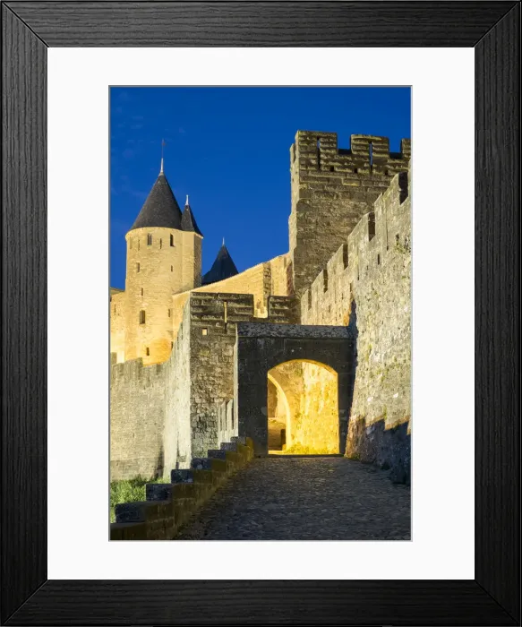 Framed Print : Porte d Aude city gates entrance to medieval citadel of La Cite at night Framed Print : Porte d Aude city gates entrance to medieval citadel of La Cite at night
