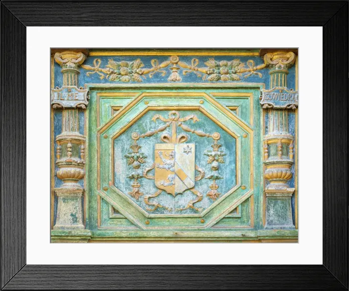 Framed Print : Carved painted coat of arms of Katherine Briazonnet on wooden front door of Chateau