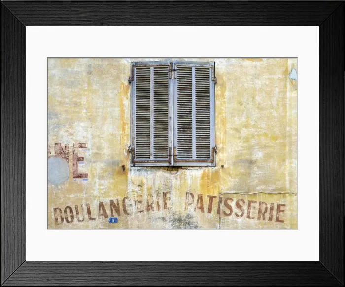 Framed Print : Old shutters and weathered Boulangerie-Patisserie bakery sign, Cassis, Bouches-du-Rha'ne