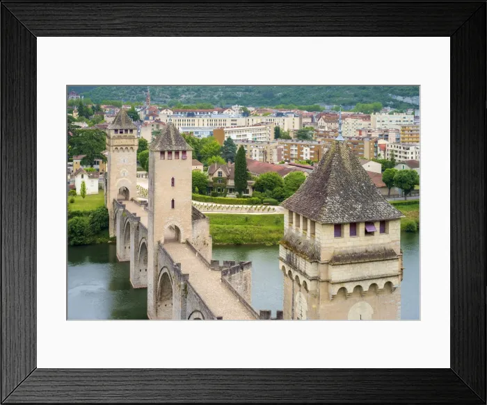 Framed Print : High angle view of medieval Pont Valentre bridge over the Lot River and town