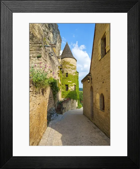 Framed Print : Small alleyway and stone tower in La Roque-Gageac, Dordogne Department, Aquitaine, France