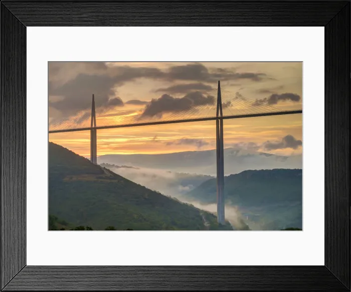 Framed Print : Viaduc de Millau bridge over Tarn river valley at sunrise, Millau, Aveyron Department Framed Print : Viaduc de Millau bridge over Tarn river valley at sunrise, Millau, Aveyron Department