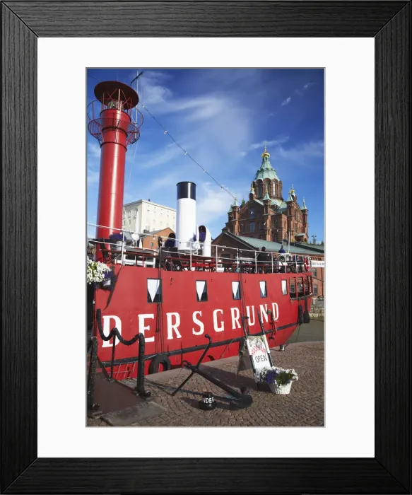 Framed Print : Relanders Grund Restaurant Boat in front of Uspenski Cathedral, Helsinki, Finland Framed Print : Relanders Grund Restaurant Boat in front of Uspenski Cathedral, Helsinki, Finland