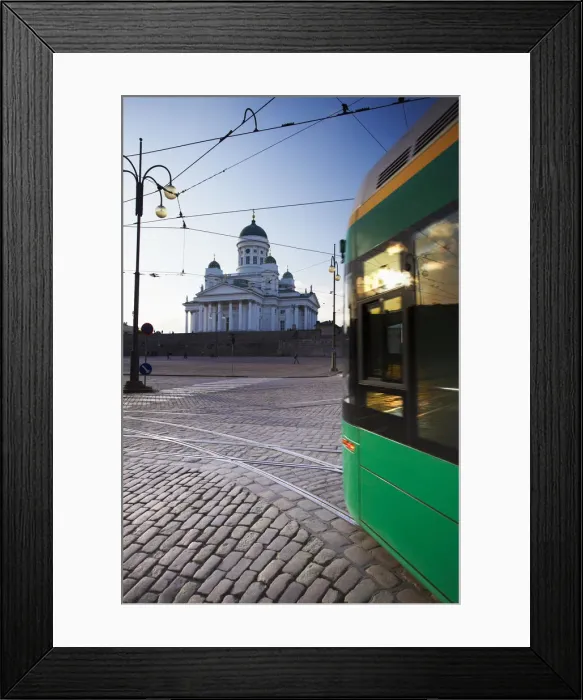 Framed Print : Tram passing in front of Lutheran Cathedral in Senate Square, Helsinki, Finland Framed Print : Tram passing in front of Lutheran Cathedral in Senate Square, Helsinki, Finland