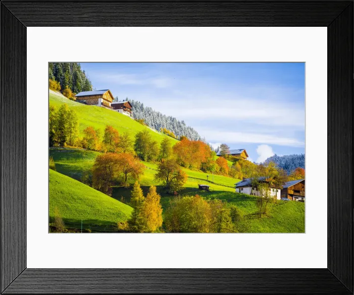 Framed Print : Italy, autumn scenic outdoor, foliage and green hills with snowy trees, Val di Funes Framed Print : Italy, autumn scenic outdoor, foliage and green hills with snowy trees, Val di Funes