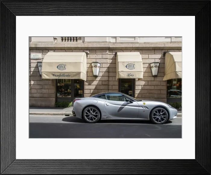 Framed Print : Ferrari car parked in front of the historic Cova coffehouse located in Via Montenapoleone Framed Print : Ferrari car parked in front of the historic Cova coffehouse located in Via Montenapoleone