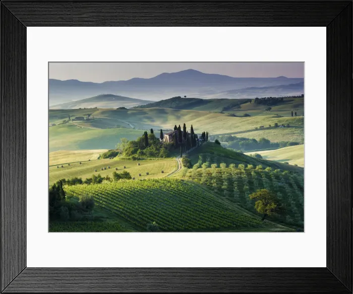 Framed Print : Val d Orcia, Tuscany, Italy. A lonely farmhouse with cypress and olive trees Framed Print : Val d Orcia, Tuscany, Italy. A lonely farmhouse with cypress and olive trees